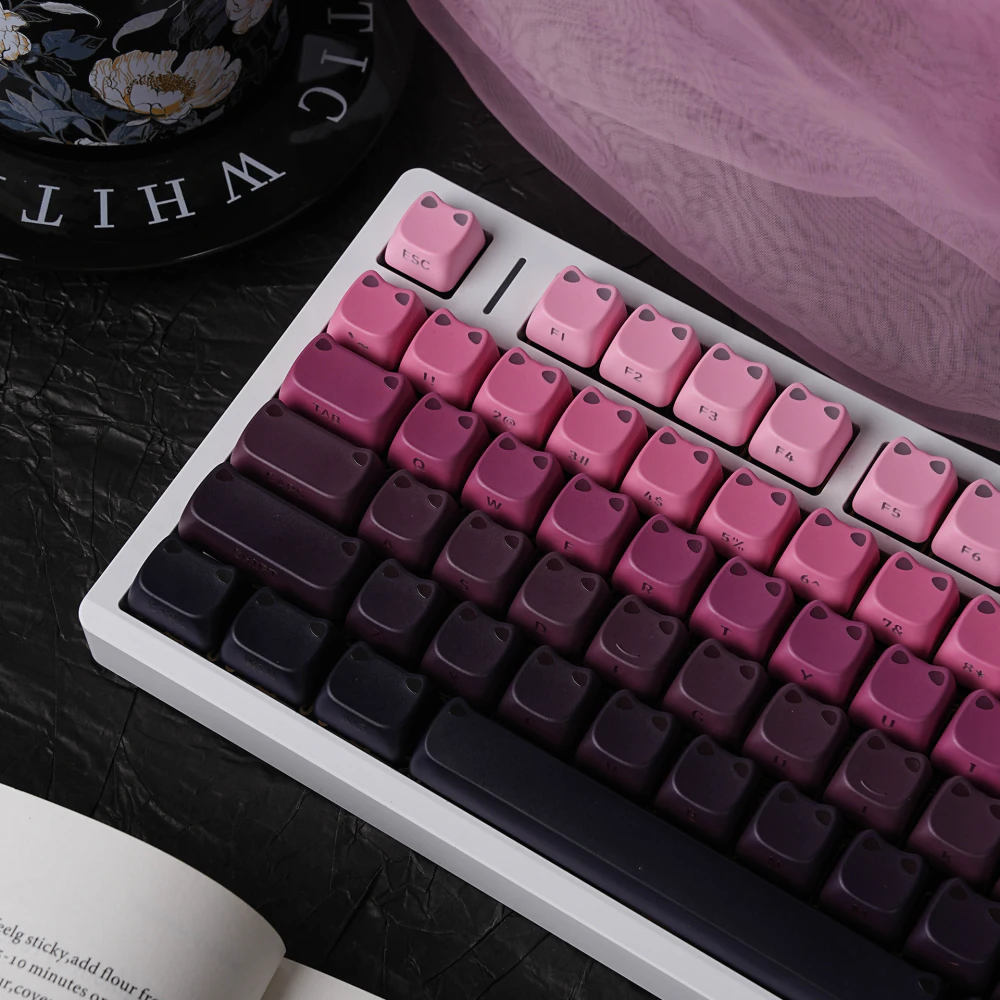 Upper rows of pink and purple cat-ear MAO profile keycaps