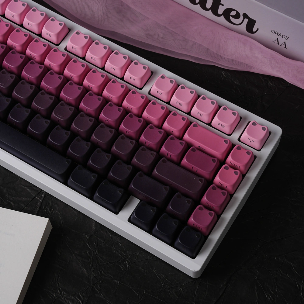 Close-up of rounded keycaps with two raised cat-ear corners on each cap