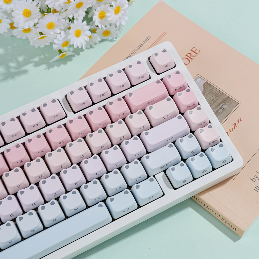 Angled close-up of pink-blue gradient keycaps on a white keyboard