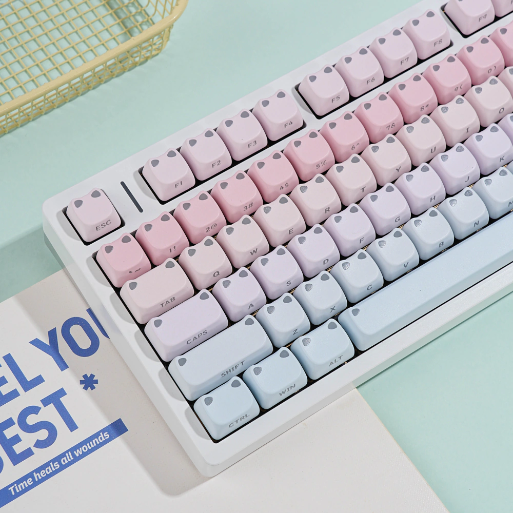 Left side of a white keyboard with pink-blue gradient keycaps