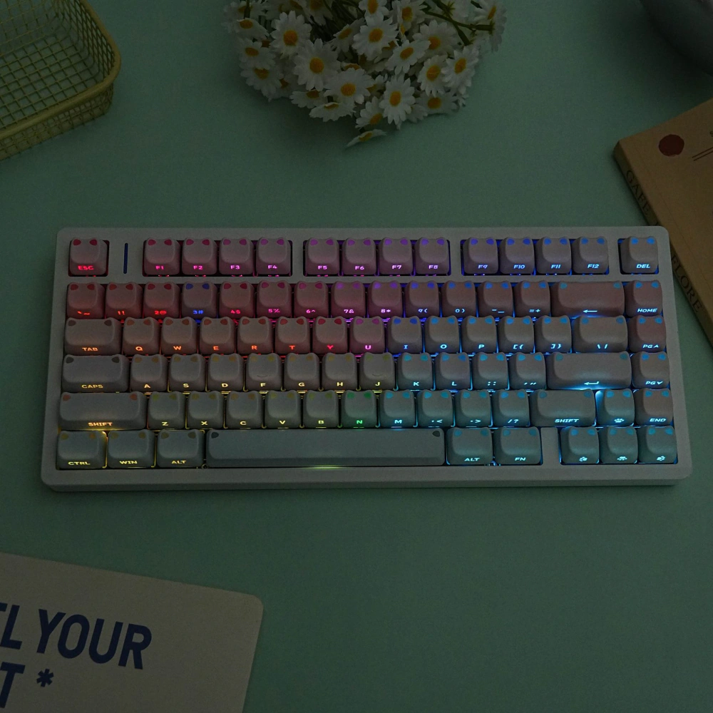 Front view of RGB-lit pink-blue gradient keycaps on a keyboard