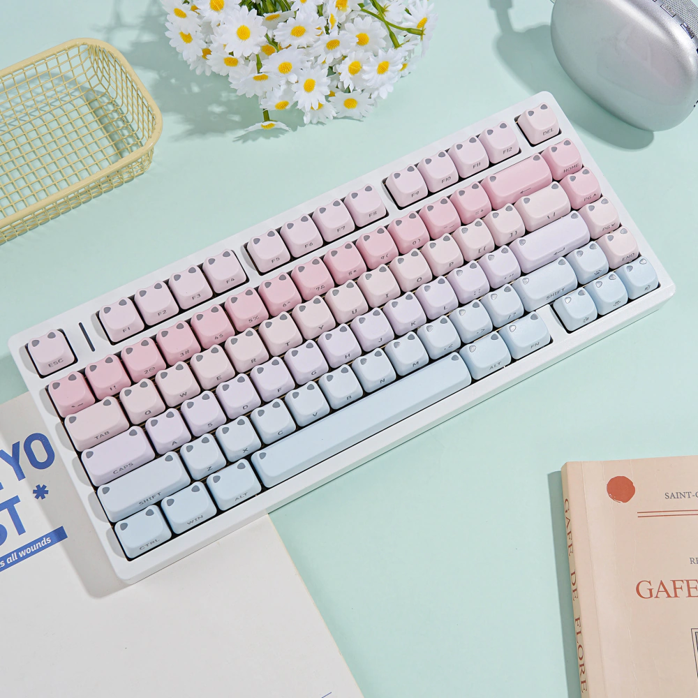 Wide angled view of pink-blue gradient keycaps on a white keyboard