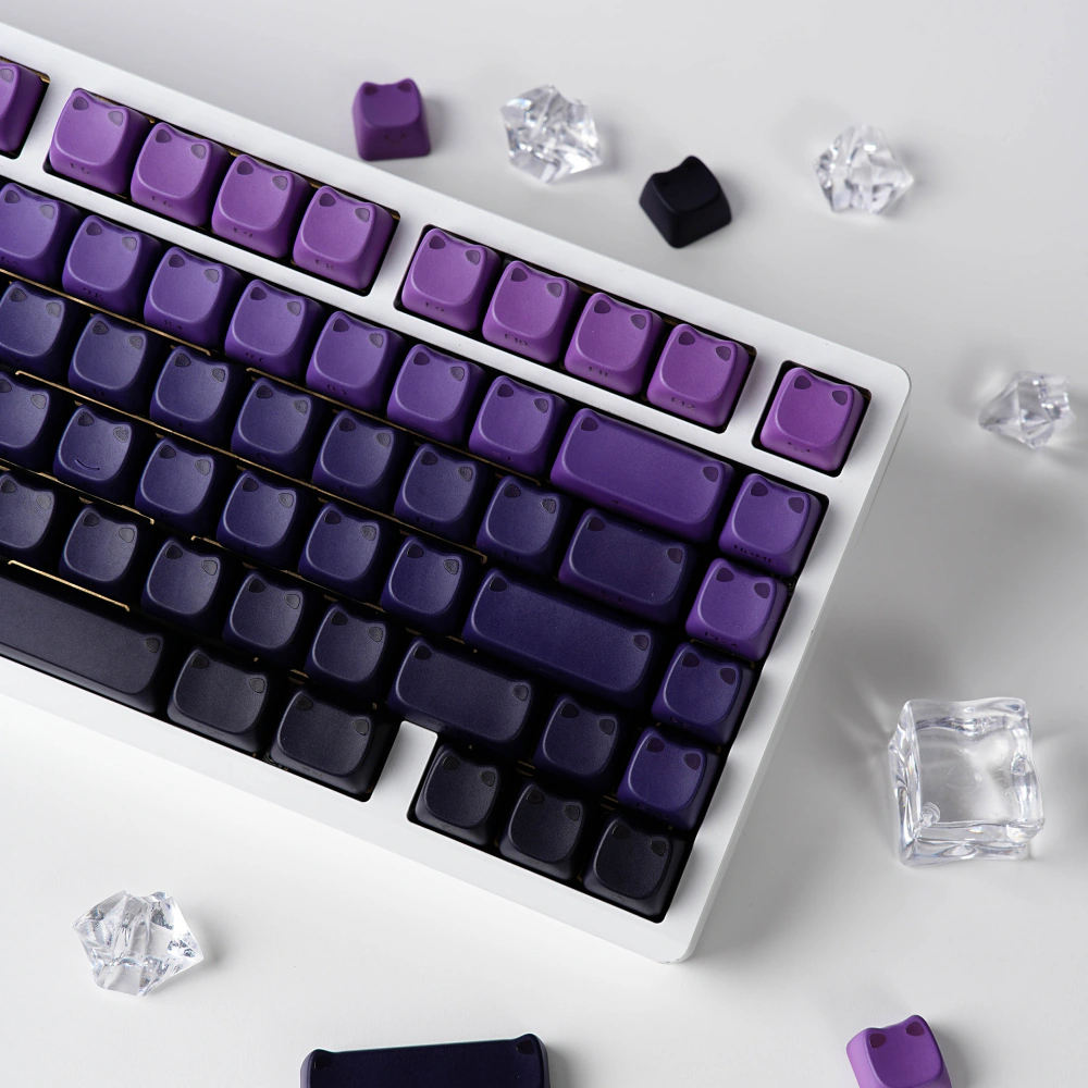 Angled white keyboard fitted with purple-to-black gradient cat-ear keycaps