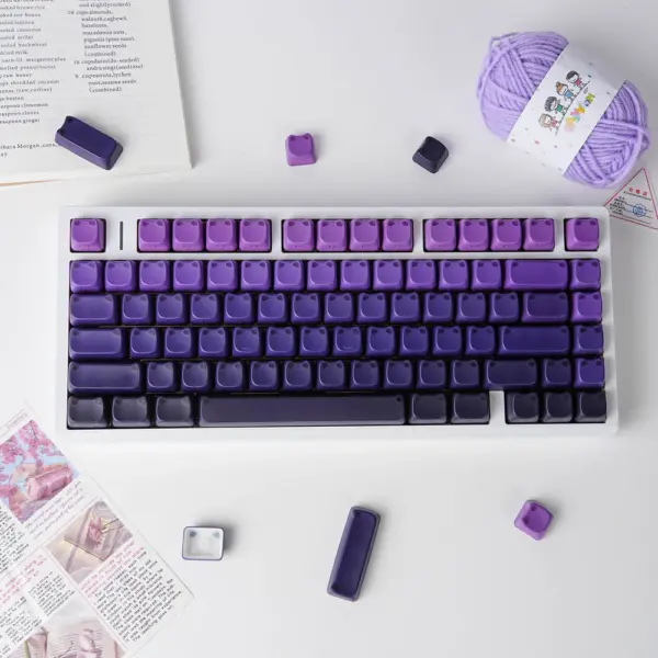 Purple Black Gradient Cat-Ear Keycaps Cover Full purple-to-black cat-ear keycap set on a white keyboard with loose caps around it