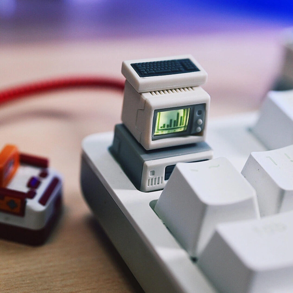 Beige computer keycap on a white keyboard, viewed from the left, with green bars on its screen and purple light behind it.