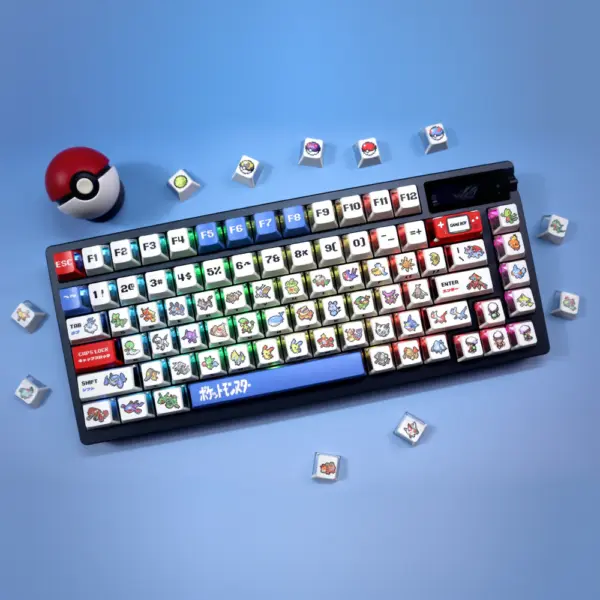 Retro Ruby Sapphire Pixel Three-Sided Translucent Keycaps Black keyboard with white pixel keycaps, red and blue accents, and loose novelty keycaps on blue.