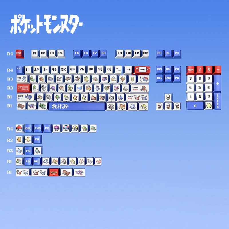Full layout of white pixel keycaps with red and blue accent keys on a blue background.
