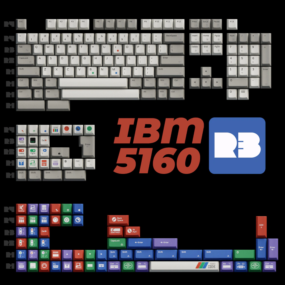 On a black background, the keyboard layout appears above separate groups of colorful novelty keys.