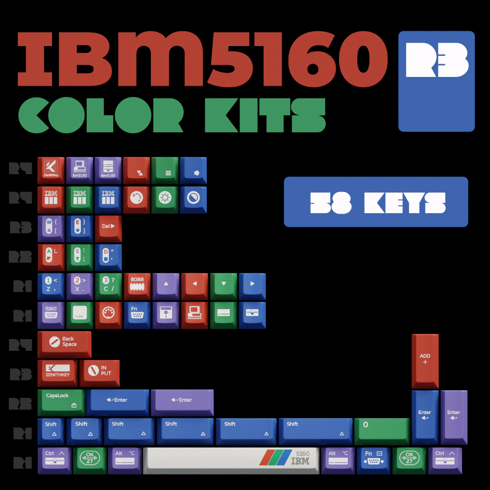 Black layout graphic of red, green, blue, purple, and gray keycaps, labeled 58 keys.