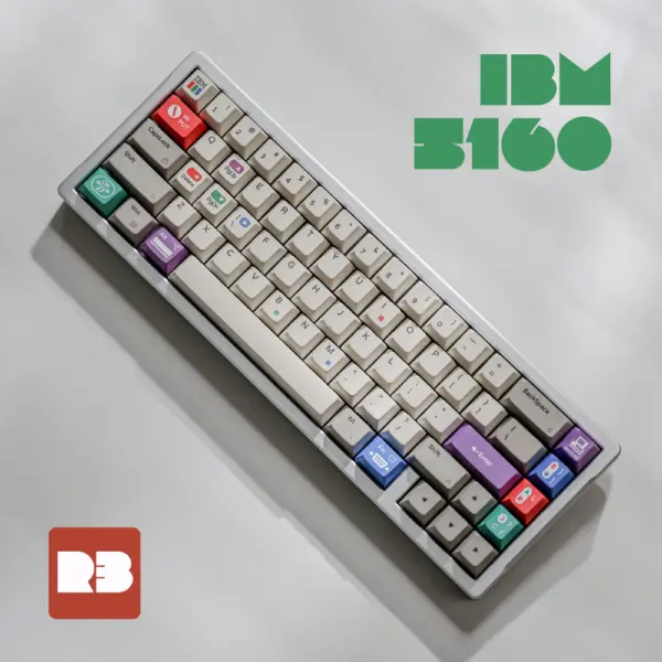IBM 5160 Top Down Keyboard Cover Top-down view of white and gray keycaps with colorful accent keys beside IBM 5160 lettering.