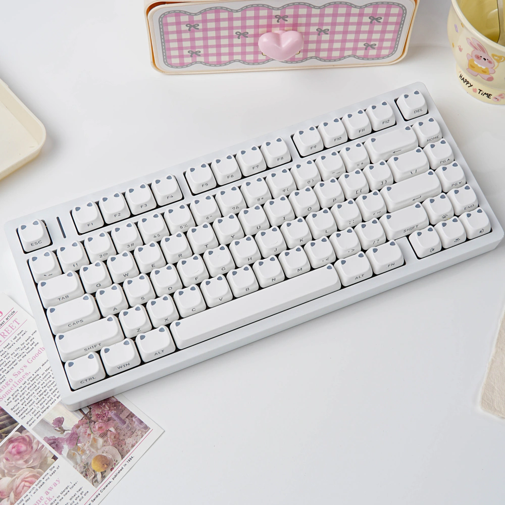 White MAO Profile Desk View White keyboard with cat-ear MAO profile keycaps in a bright desk setup