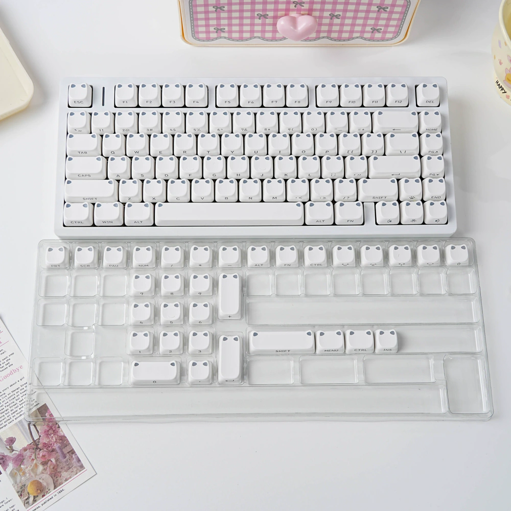 White MAO Profile Keyboard View Full white keyboard fitted with rounded cat-ear MAO profile keycaps