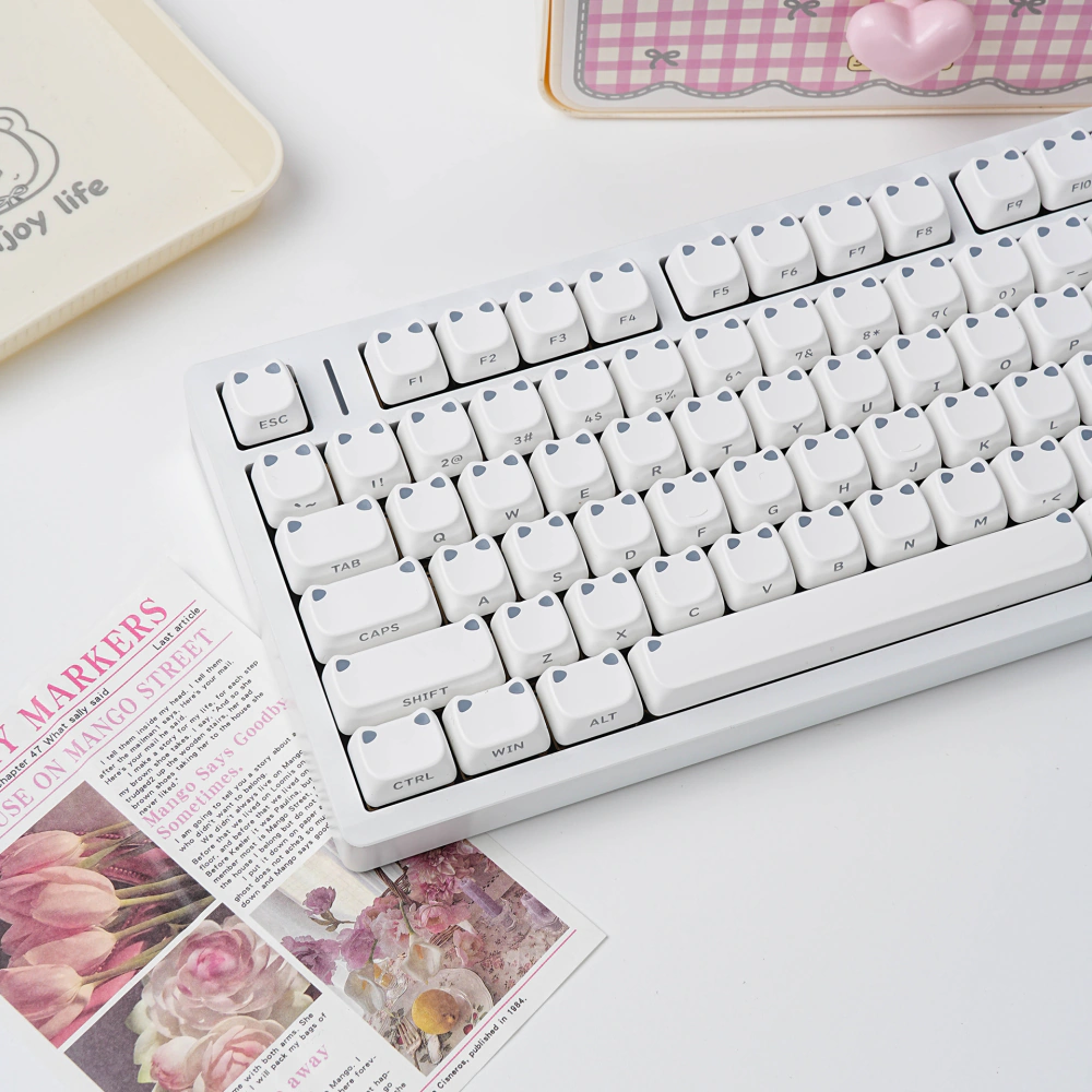 White Keyboard Keycap Layout White cat-ear keycaps arranged across a complete mechanical keyboard