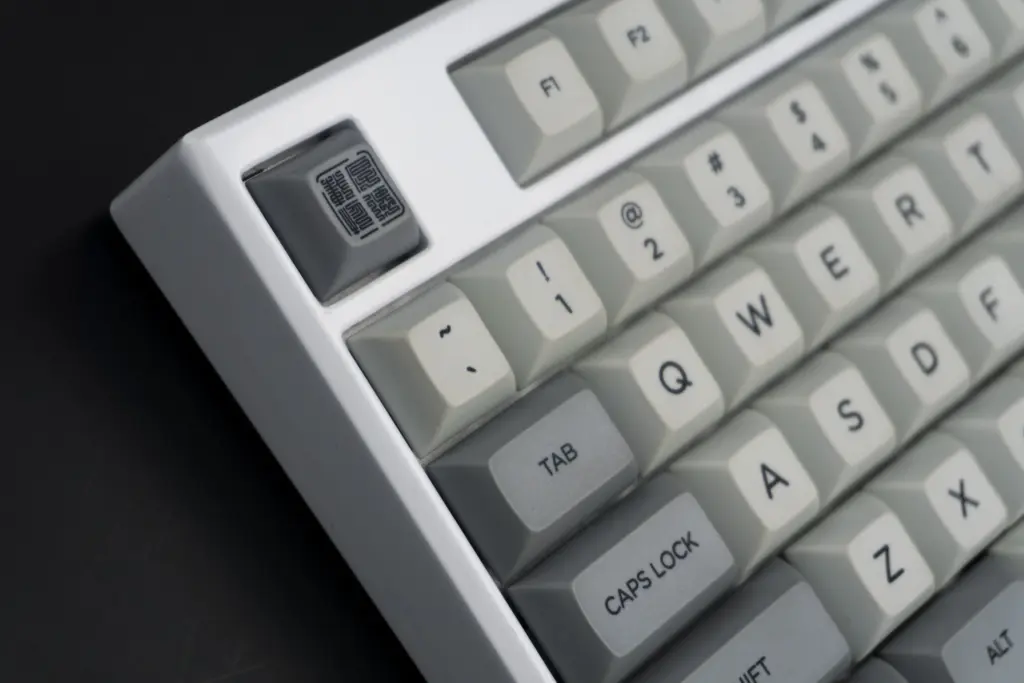 Gray and white DSA profile keycaps on a keyboard viewed at an angle