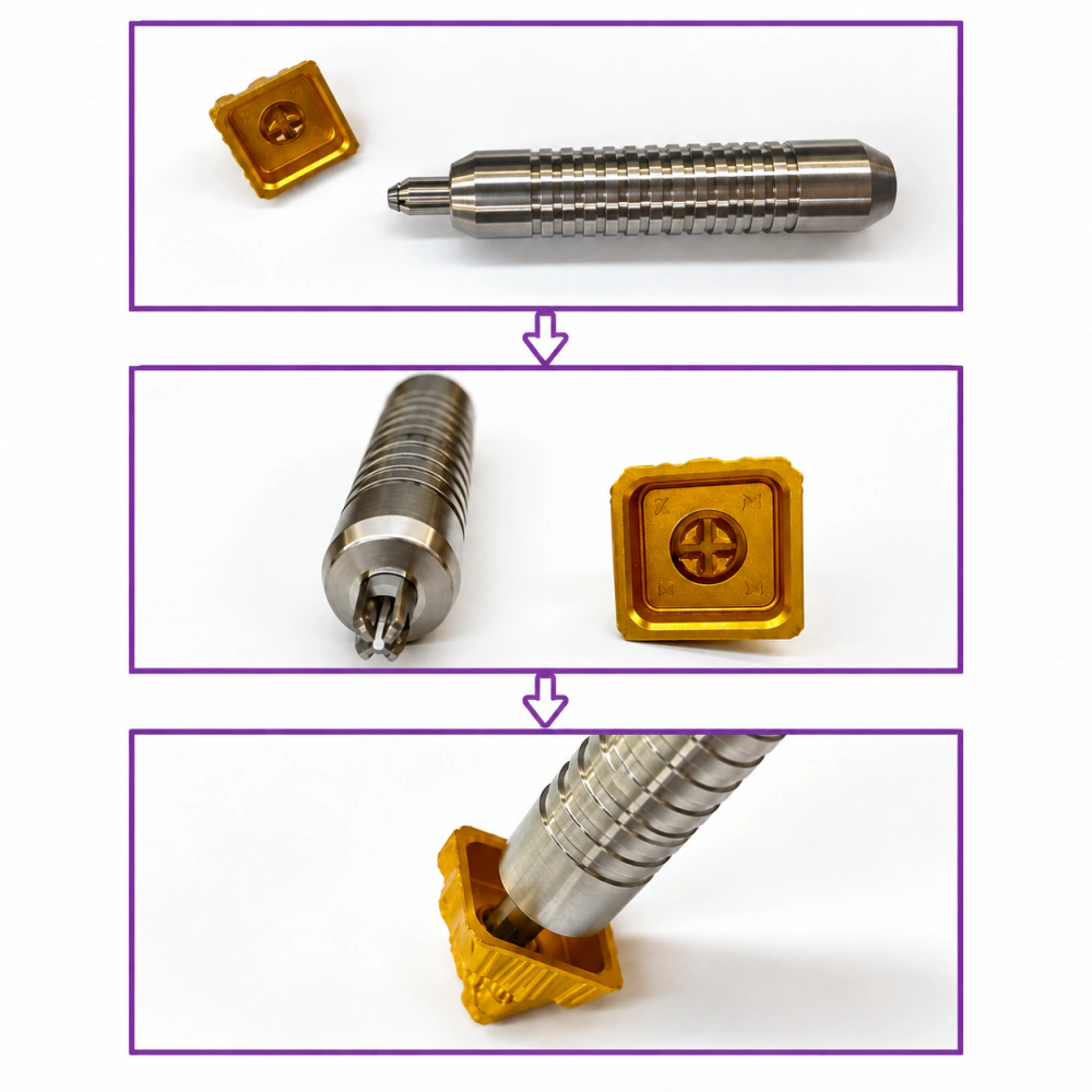 A three-step diagram shows a gold keycap pressed onto the adjuster's cross-shaped tip.
