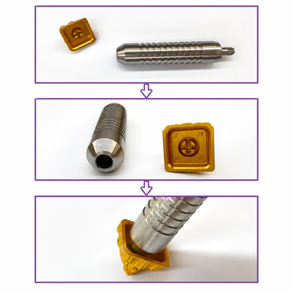 A three-step diagram shows a gold keycap pressed onto the adjuster's recessed end.